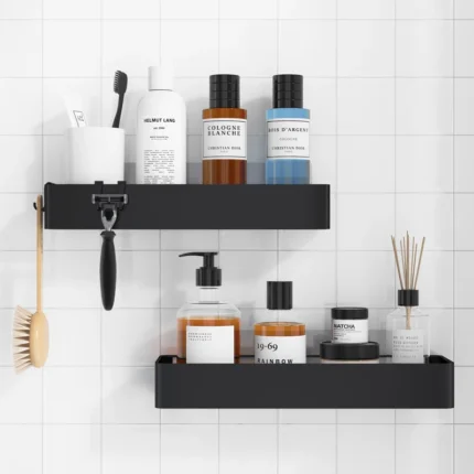 Adhesive Shower Caddy, Rustproof Stainless Steel Bathroom Shelves with Hooks, Drill-Free Wall-Mounted Shower Organizer