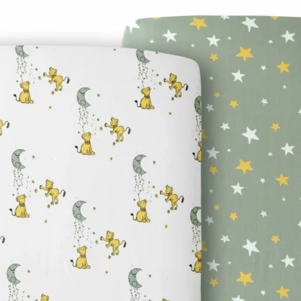 JumpOff Jo - 2 Pack Fitted Crib Sheet, Super Soft Breathable 100% Cotton Baby Crib Sheet for Standard Crib Mattresses and Toddler Beds, 28 in. x 52 in. - Lions & Stars